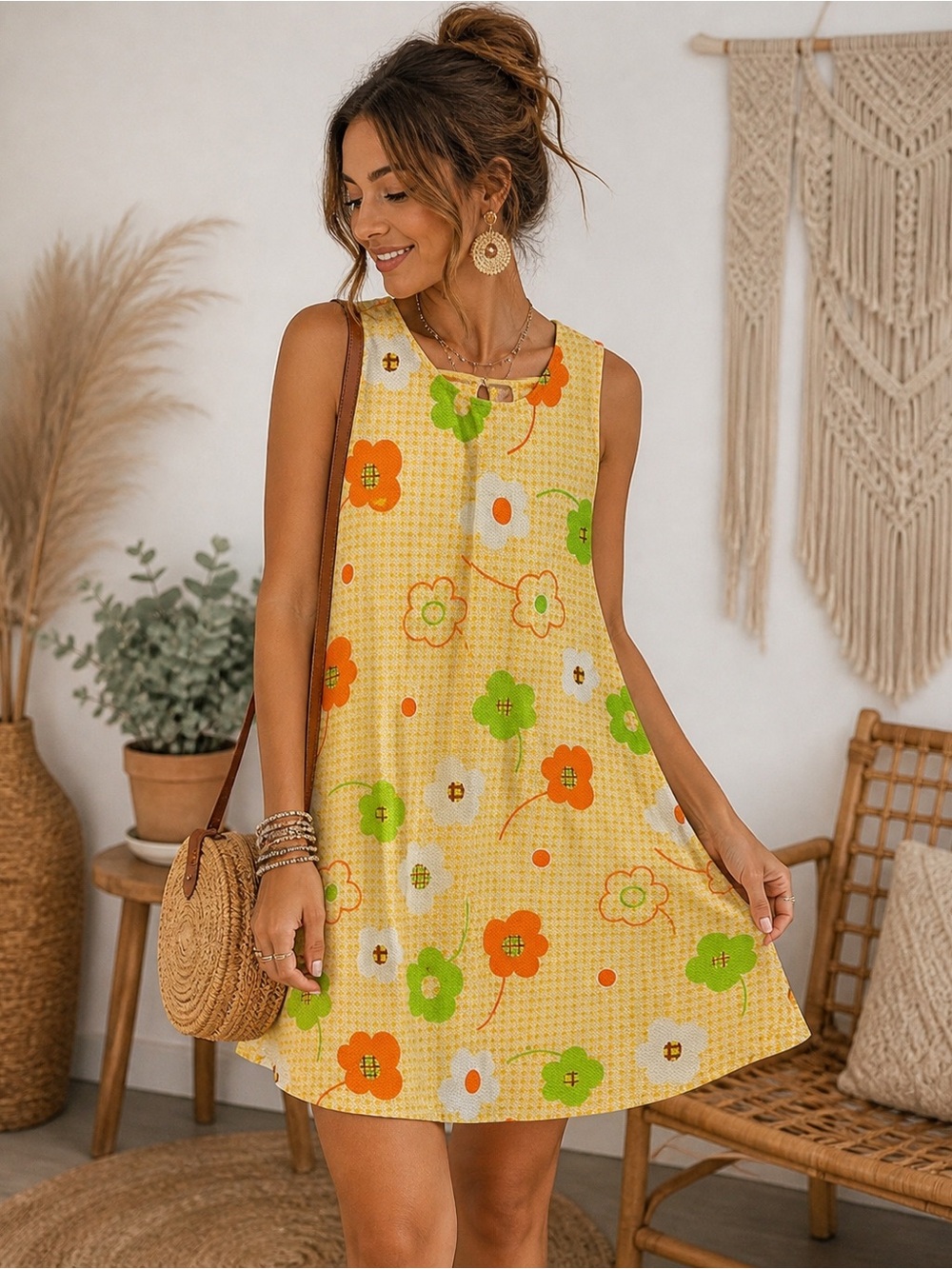 Vintage Style Yellow Floral Shift Dress | Boho Retro Mini Dress In Size 13